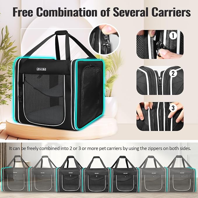 Combinable Pet Car Travel Carrier for a Large Cat/Medium Dog | 18"Lx17"Wx17"H, Small Pet Soft Carriers, Food Bag & Bowl Included, Lockable Safety Zippers, For Car Travel, Vet, Camping