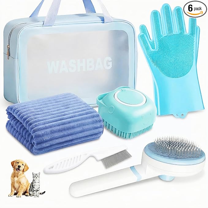6PCS Dog Bath Kit & Dog Brush Kit for Dogs & Cats - Professional Pet Grooming Tools Set with Shedding Brush, Bath Scrubber, Dematting Comb & Storage Bag - Complete Dog Washing Essentials, Blue