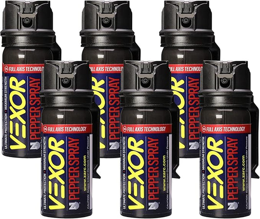 Vexor Spray au poivre Full Axis avec clip ceinture pour l'autodéfense — Force de police maximale, portée de 6 mètres, capacité Full Axis, sécurité Flip Top pour une visée rapide et précise, protection