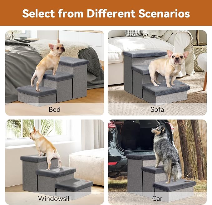 Zerbuger Dog Stairs with Storage, Grey Furry Lids 3 Steps Dog Ramp no Condo | 18" H Wider Dog Steps for High Beds Couch, Folding Storage Pet Stairs Gift for Climbing Small/Medium/Large Old Dogs Cats