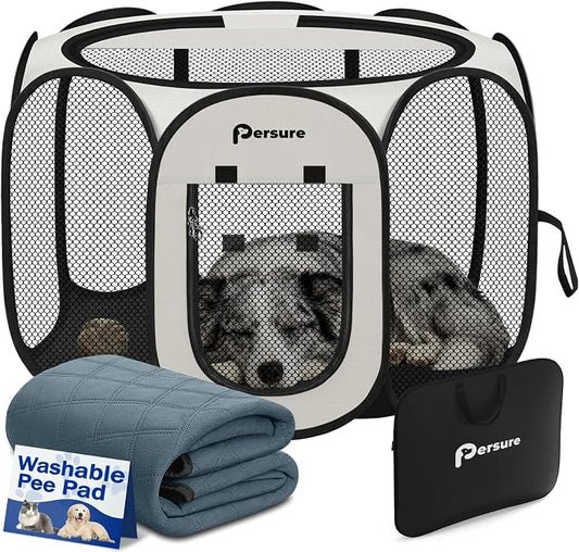 Persure Dog Cat Pet Playpen Puppy Crate Cage for Indoor Outdoor Travel | Nursing Rest Zone Recovering Pet Quarantine Room Portable Pop Up Easy to Set up lightweight Bag (White with Pad, Large