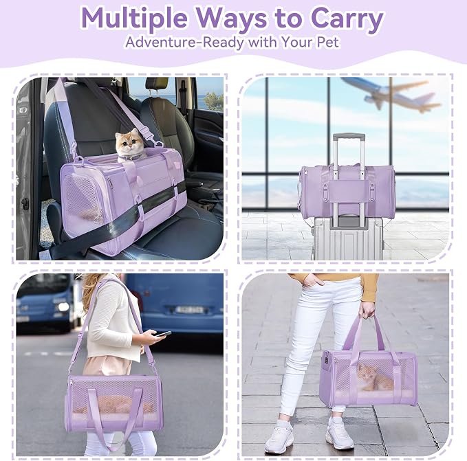 PETSFIT Cat Carrier Soft with Patented Safety Buckles, Safe for Car Travel | Lockable Zippers, Safety Tether, Escape-Resistant Pet Carrier for Vet Visits, Airline Approved Under-Seat, Up to 12 lbs