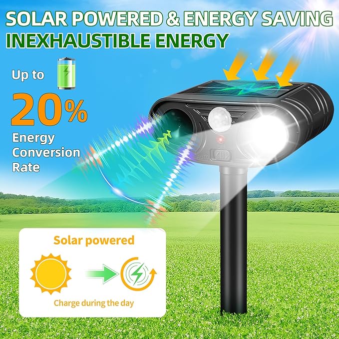 2026 Solar Ultrasonic Animal Repellent Outdoor, Motion Activated Deer Repellent Devices with Strobe Light, Waterproof Squirrel Cat Repellent Outdoor Rabbit Bird Racoon Deterrent for Yard Garden 2Pack