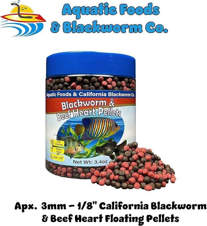 Aquatic Foods Inc. 3mm -1/18" California Blackworm & Beef Heart Floating Pellets for Marines, Cichlids, All Tropical Fish, Koi & Pond Fish, 4-Type Wafer & 12-Type Pellet Mix Included 3.4oz Canister