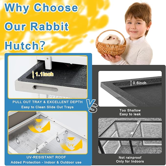 Ketive 48" L Rabbit Hutch Outdoor Indoor Bunny Hutch Weatherproof, 2-Story Wood Rabbit Cage with Deep Tray, Chew-Resistant Ramp, UV Roof, Bunny House for Small Animal, Expandable Guinea Pig Cage