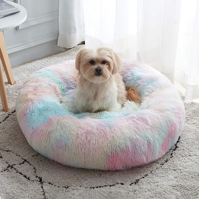Western Home Calming Donut Medium Dog Bed Washable Pet Bed,30" Rainbow | Fluffy Faux Fur Round Cuddler,Anti-Anxiety,Anti-Slip Bottom,Plush Pet Dog Beds for Medium Sized Dogs,Up to 45 LBS