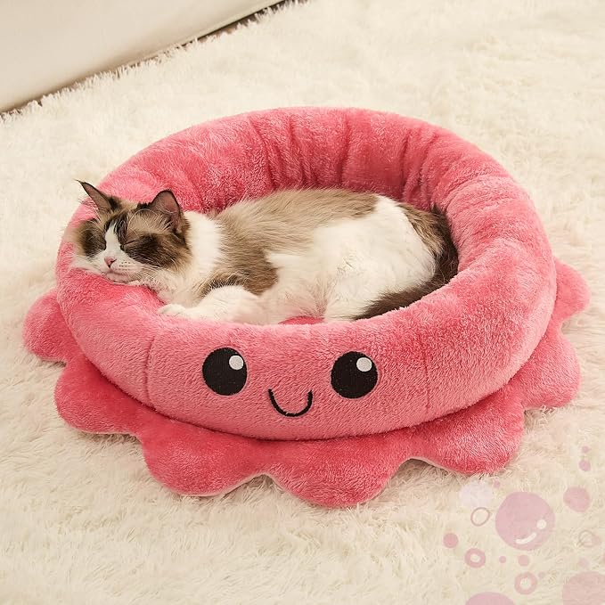 Cute Calming Dog Beds Clearance for Medium Small Dogs, Anxiety Bolster Dog Bed with Octopus Shape, Pink, Red, Boho, Round Pet Bed Cat with Removable Cushion