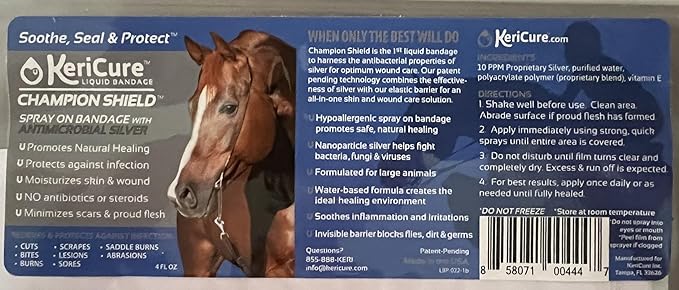 Champion Shield Silver Liquid Bandage Spray for Horses - 4oz Healing Silver Gel Spray for Livestock, Large Animal Wounds - Protective Sweatproof Barrier Blocks Flies - USEF Compliant Wound Protection