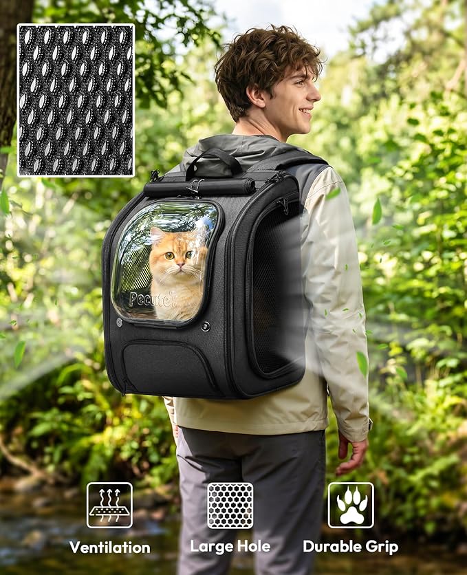 Pecute Cat Backpack Carrier,Large Space Cat Bubble Backpack,Ergonomic,Black | Sunshade Curtain,Transparent Window,Safety Rope,Sturdy,Large Mesh on Both Sides for Breathability,Suitable for Outdoor,Vet