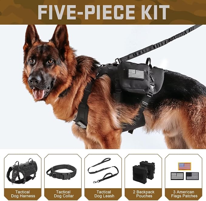 Forestpaw Tactical Dog Harness Tactical Dog Collar with Bungee Leash Set,No Pull Military Dog Harness for Walking Training,Adjustable for Medium Dogs,Black,Chest 17-25"