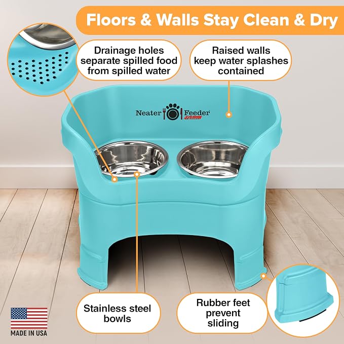 Neater Feeder Deluxe Mess-Proof Elevated Dog Bowls for Large Dogs (40+ lbs), 2 Height Adjustable (14.5” & 17.5”) No-Spill Raised Dog Bowl Stand, Stainless Steel Food Bowl Set, Made in USA, Aquamarine