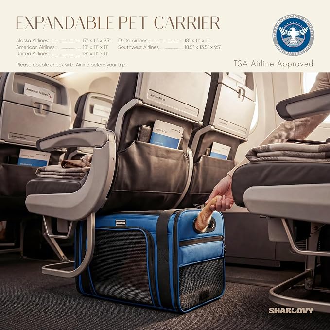 Top-Side Expandable Pet Carrier, Treat Window,17x11x9.5 Airline Approved | for Alaska Hawaiian, Soft-Sided Cat Carrier, Anti-Scratch Mesh, Lockable Zippers,Dog Carrier for Kitten,Rabbit,Puppy, Blue