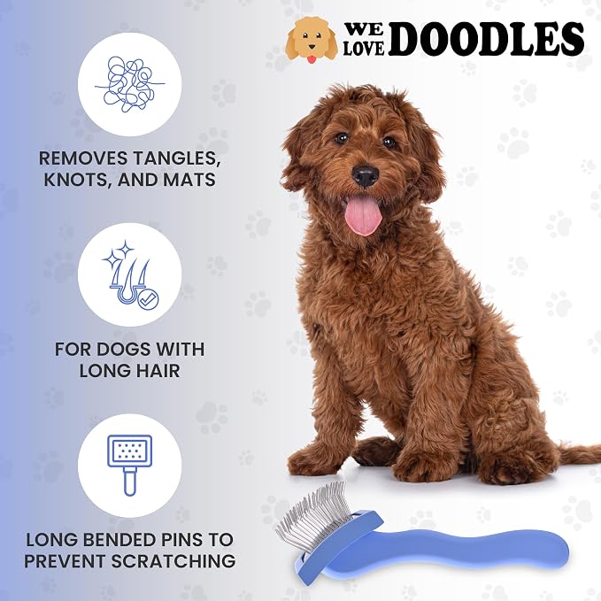 We Love Doodles Small Curved Slicker Brush and Grooming Scissors Kit Bundle - Soft Pin Goldendoodle Brush and Dog Grooming Scissors Kit - for Dematting & Shedding - Made in USA