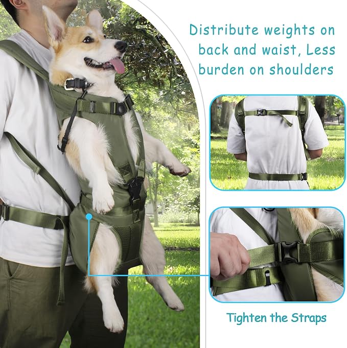 PetBonus Dog Front Carrier Backpacks, Legs Out Easy-fit Puppy Chest Carrier | Hands Free, Adjustable, Safety Strap, Walking Hiking Cycling Motorcycle bag, For Small Medium Dogs (Army Green, XL)