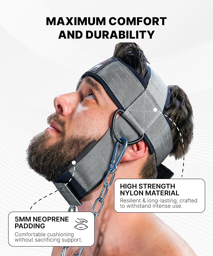 DMoose Fitness Neck Harness for Weight Lifting - Soft Padded Head & Chin Strap with 30" Heavy Duty Steel Chain - Neck Exerciser, Trainer & Strengthener to Support Injury Recovery and Intense Workouts