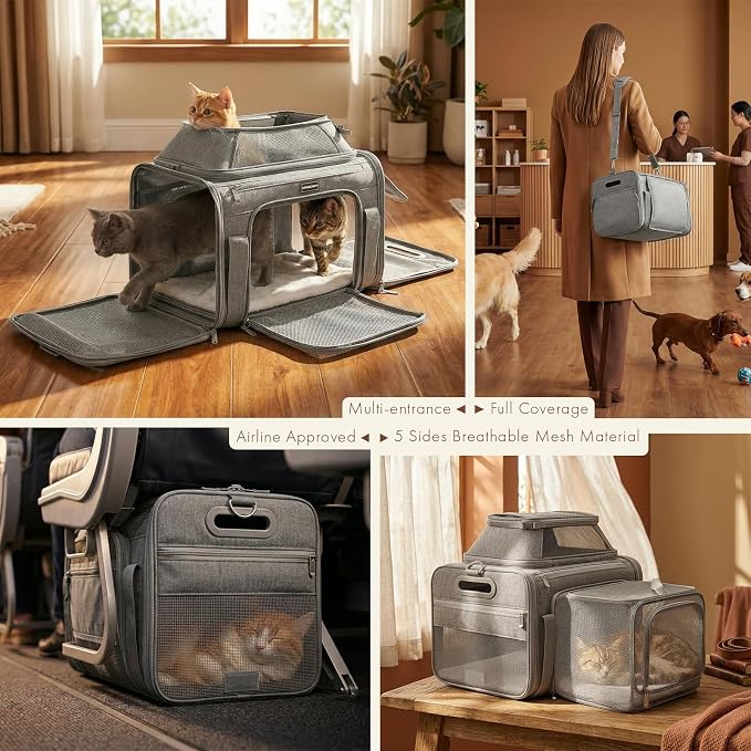 Top-Side Expandable Pet Carrier, Treat Window,18x11x11 Airline Approved | for Delta American United,Soft-Sided Cat Carrier, Anti-Scratch Mesh,Lockable Zippers,Dog Carrier for Kitten,Rabbit,Puppy,Grey