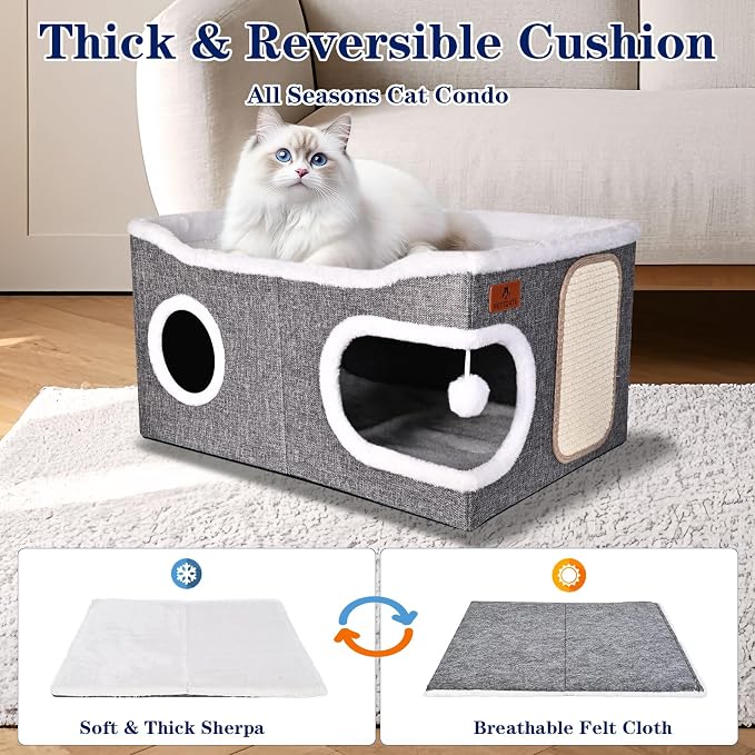 Extra Large Cat Beds for Indoor Cats, Covered Cat Cave Beds & Furniture with Scratch Pad and Fluffy Ball, Foldable Cat Condo Hideaway with Reversible Cushion for Multi Small Pet Large Kittens, Grey