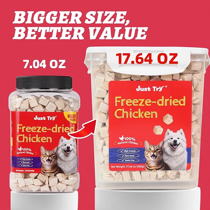 Just Try 1.1 LB Freeze Dried Chicken Cat & Dog Treats Food Topper Single Ingredient High Protein Grain Free Healthy Dog Training Treats - Large Size