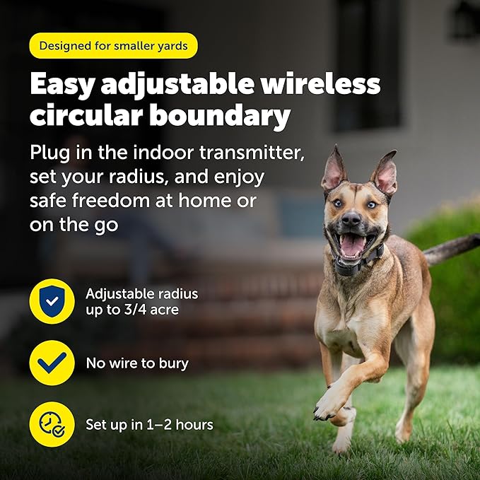 PetSafe Stay & Play Compact Wireless Fence, LCD Screen to Adjust the Circular Boundary, Secure up to 3/4 Acre Area, for Dogs 5lbs and up, Portable System with 50 Extra Flags