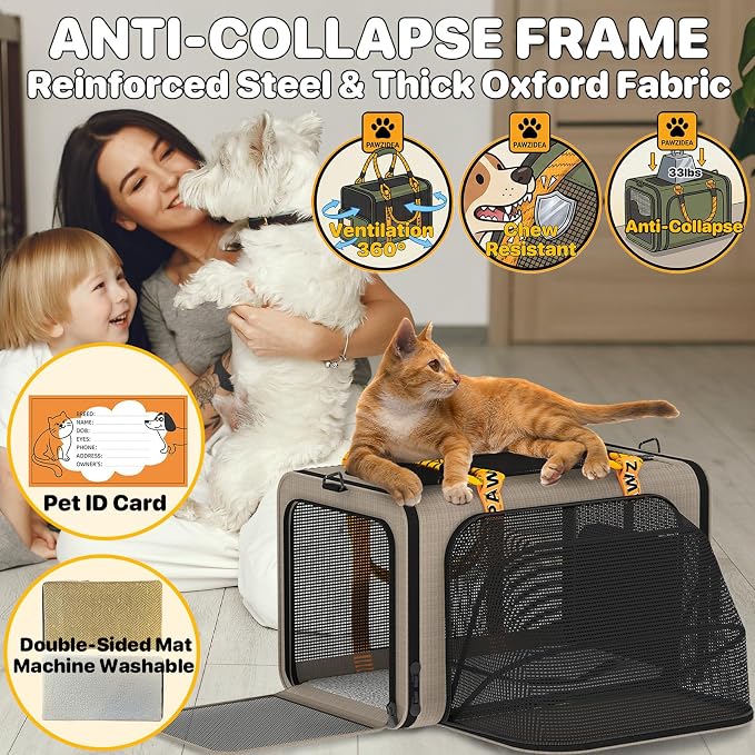 PAWZIDEA Expandable Pet Carrier for Small Cats & Dogs, TSA Airline Approved | 18"×11"×11" Soft-Sided Small Dog Travel Bag, Collapsible Top-Load Cat Carrier for 2 Cats Under Seat, Puppy Car Seat Up 15lbs