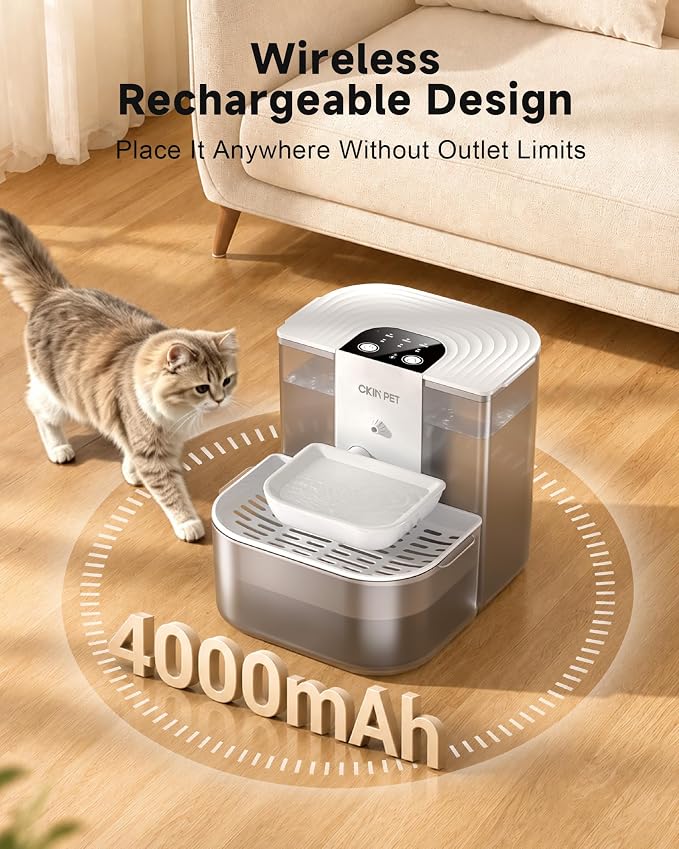Filterless Heated Cat Water Fountain,4.5L Wireless Pet Automatic Dispenser | Heats Water to 28°C, Timed Dispensing, Wastewater Separation, Food-Grade Ceramic Bowl, 4000mAh Battery, Remote Control