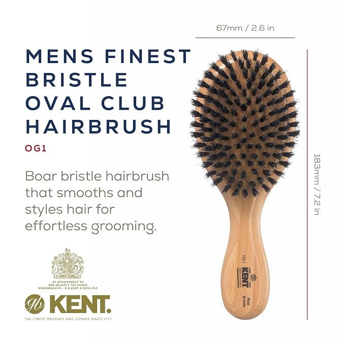 Kent OG1 Finest Men's Hair Brush and Facial Brush for Beard Care - 100% Natural Black Boar Bristle Brushs for Mens Grooming, 360 Wave, and Beard Straightener For Men's Hair Care