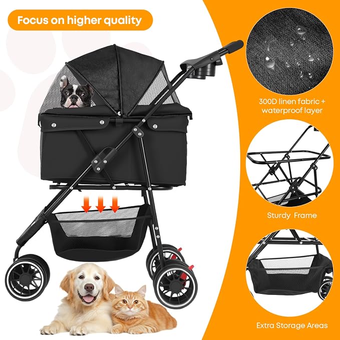 Pet Stroller,Dog Stroller for Small Medium Dogs Cats,3 Wheels,Black | Foldable,with Breathable Mesh Canopy,Cup Holders,Easy Assembly