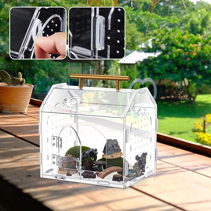 Teenyyou Jumping Spider Enclosure 8.9" x 7.1" x 8.3" Acrylic Tarantula Enclosure Insect Terrarium with Handle and Magnetic Door Transparent Terrarium for Reptiles, Amphibians and Spiders