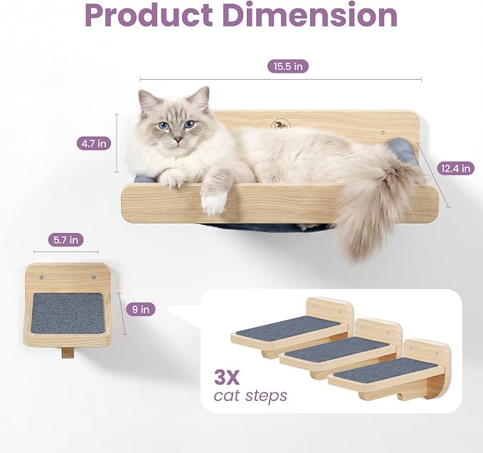 Cat Wall Shelves - Wall Mounted Cat Shelves with Feeding Station | Natural Wood Finish, Solid Pinewood, Gray Carpet, Supports Up to 33 lbs, Stainless Bowls, Dog-proof, Lounging, Climbing