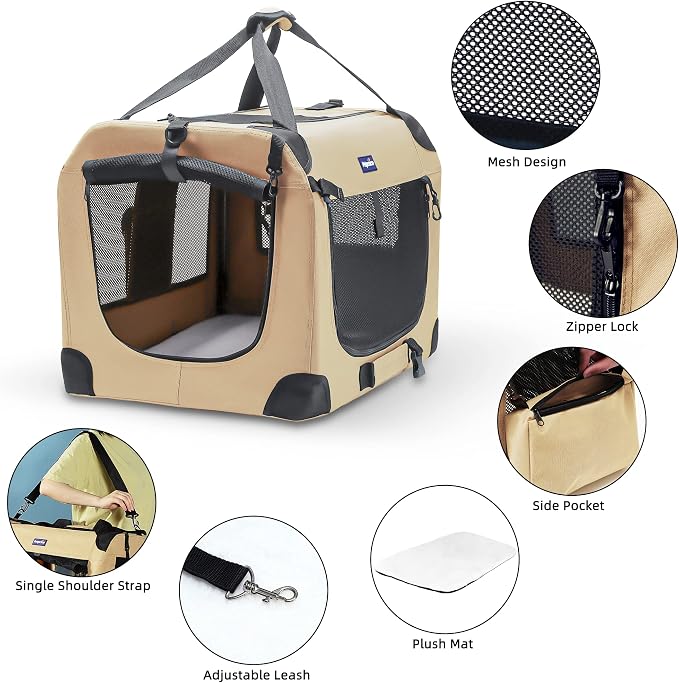 Petprsco Portable Collapsible Dog Crate, 24" Soft Dog Crate for Car Travel | Includes Mat, Blanket & Bowl, Strong Fabric, 4-sided Mesh Vents, 3 Doors, Fit Small Dogs & Large Cats Indoor and Outdoor Use