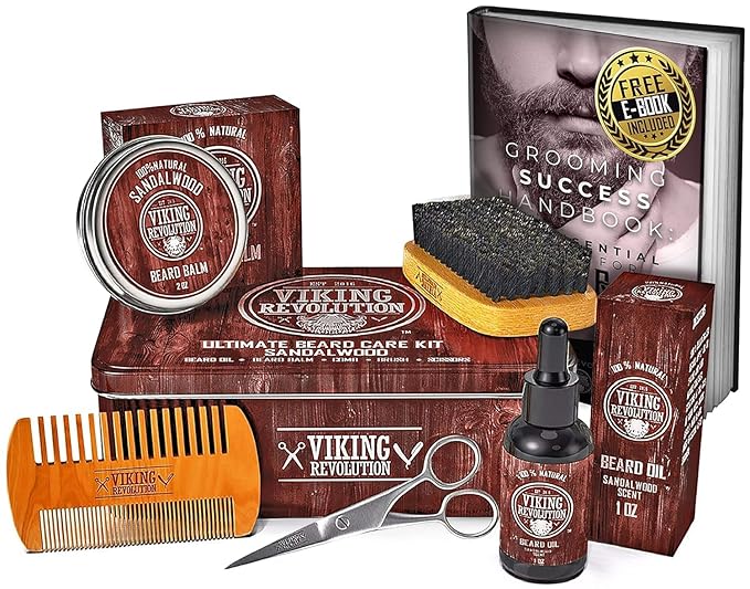 Viking Revolution Ultimate Beard Kit - Sandalwood, 5 Pcs with Metal Box | Complete Multi-Piece Men's Gift Box - Features Boar Brush, Wood Comb, Sandalwood Balm & Oil, Scissors for Beard & Mustache