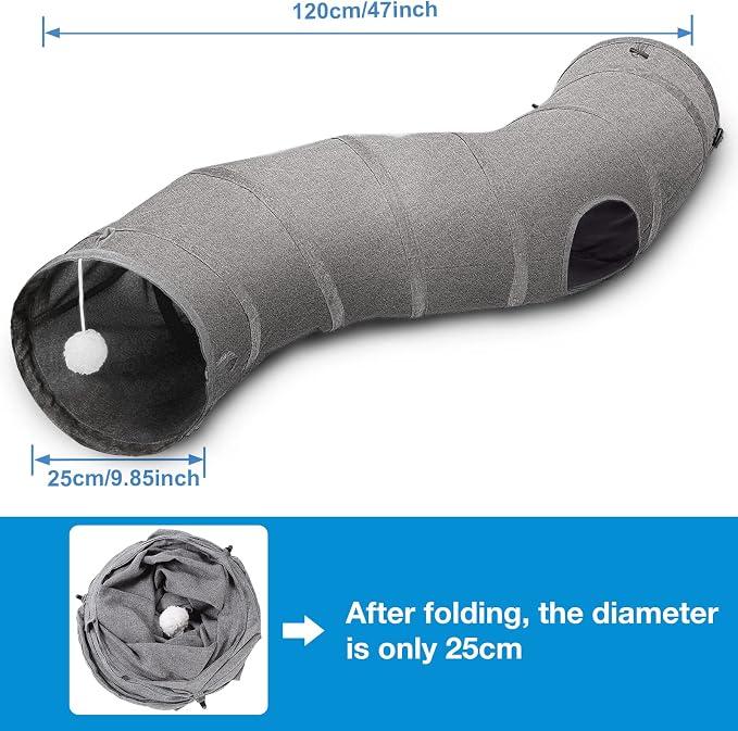 Ownpets S-Shape Cat Tunnel Toy 48"L x 10"D, for Cats, Puppies & Small Pets | Collapsible for storage, tear-resistant oxford fabric, connects to other tunnel, with peek hole, feather wand, indoor/outdoor