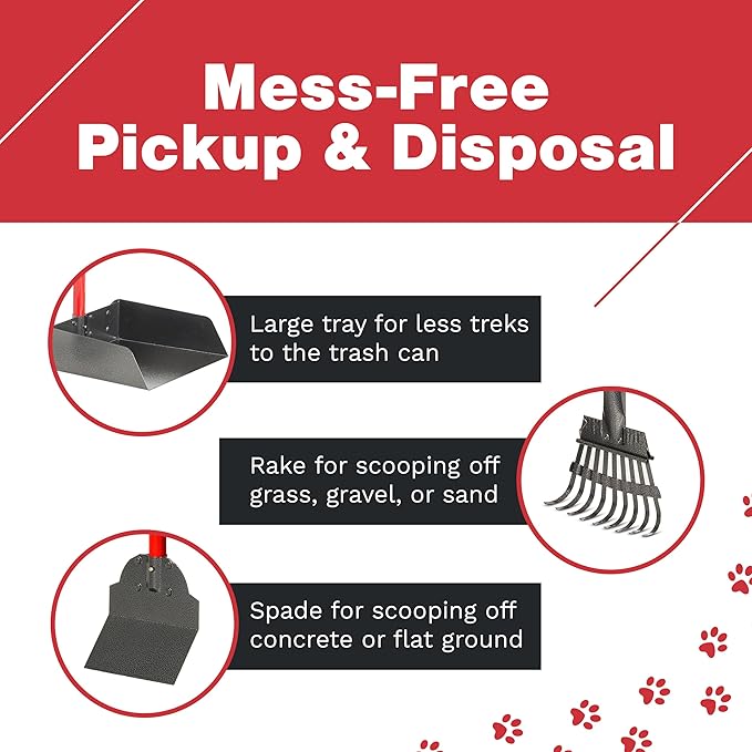 Pawler Pooper Scooper for Large Dogs, Small Dogs and Horses, Metal Poop Scooper Set with Long Handle Rake, Spade and Tray for Yard, Grass, Dirt or Gravel, Heavy Duty Aluminum Poop Picker Upper
