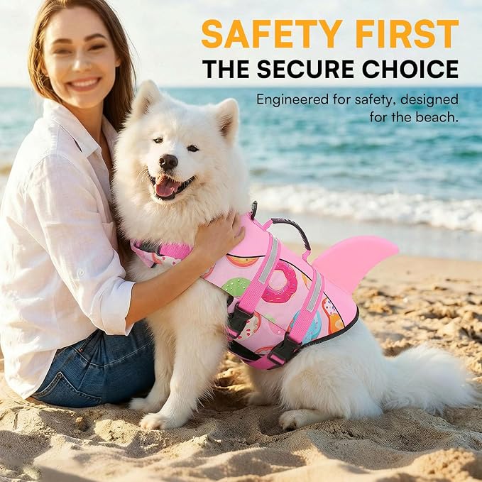 Dog Life Jacket, Dog Life Vest for Swimming, Medium Dogs Shark Swimming Safety Vest Adjustable Preserver with High Buoyancy, Pet Lifesaver for Medium Dogs, Pink Donut M