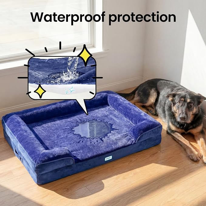 OhGeni Orthopedic Extra Large Dog Bed Couch, Memory Foam, 44-inch (Blue) | Waterproof Pet Bed with Machine-Washable Removable Cover & Soft Comfortable Fabric
