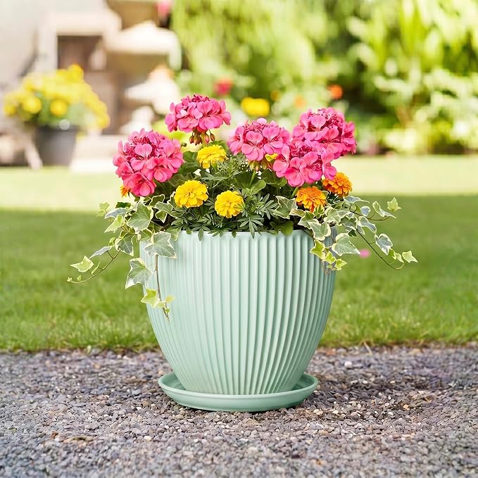 10 Inch Planter Indoor, Ceramic Pots for Plants Indoor, Decorative Plant Pots with Drainage Hole and Saucer, Large Modern Planter, Round Flower Pot, Floor Decor, Women Men Gifts, Mint Green