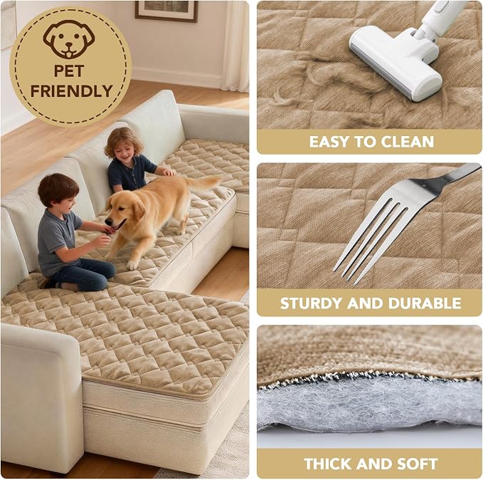H.VERSAILTEX Chenille Couch Cover for Dogs Washable Soft Fuzzy Chaise Cover Sectional Couch Covers for L Shaped Sofa Both Left/Right Thick Pet Couch Cover Protector Non-Slip(Khaki, 34" x 68")