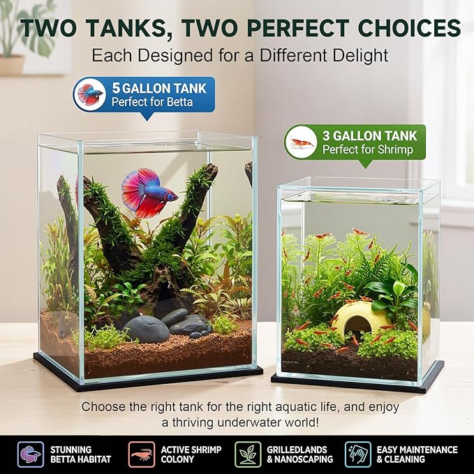 Geelin 2 Pack Rectangular Glass Fish Tank Set 3 Gallon and 5 Gallon Clear Rimless Small Aquarium for Betta Goldfish Snails Shrimp Aquatic Planting Easy to Maintain with 2 Non Slip Pads