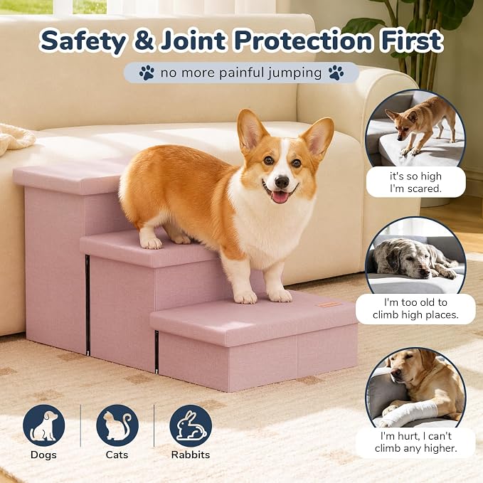 3-Step Wide Dog Stairs with Hidden Storage 18" H, Non-Slip Dog Steps for High Bed Couch Window Car, Jiont-Friendly Pet Stairs Ramp for Small/Medium/Large Old Dogs Cats Up to 200lbs, Pink