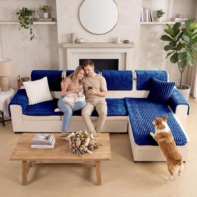 FUANGUI 2 Pack Waterproof Couch Cover for Dogs Pets Sofa Protector | Non-Slip Washable Fuzzy Soft Sofa Slipcover for 2 PCS L Shaped Sofa Pet Friendly, 27.6" x 70.9"+27.6" x 82.7", Navy Blue