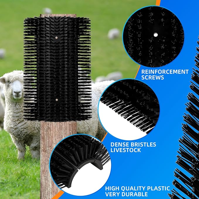 Extra Large Size Livestock Scratching Brush, Upgraded Horse/Goat/Cow/Cattle Scratcher Brush for Grooming, Itch Relief Horse Scratcher Brushes Kit with Two Sets of Mounting Screws(8-Pack,Black)