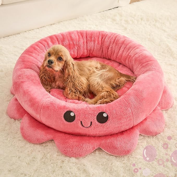 Cute Calming Dog Beds Clearance for Large Dogs, Anxiety Bolster Dog Bed with Octopus Shape, Pink, Red, Boho, Round Pet Bed Cat with Removable Cushion