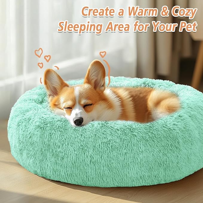 JOLLYVOGUE Calming Dog Beds Large Sized Dog, 36in Donut Washable Large Pet Bed, Anti-Slip & Anti-Anxiety Fluffy Faux Fur Round Dogs Bed, Fits up to 80 lbs Pets (Mint Green)