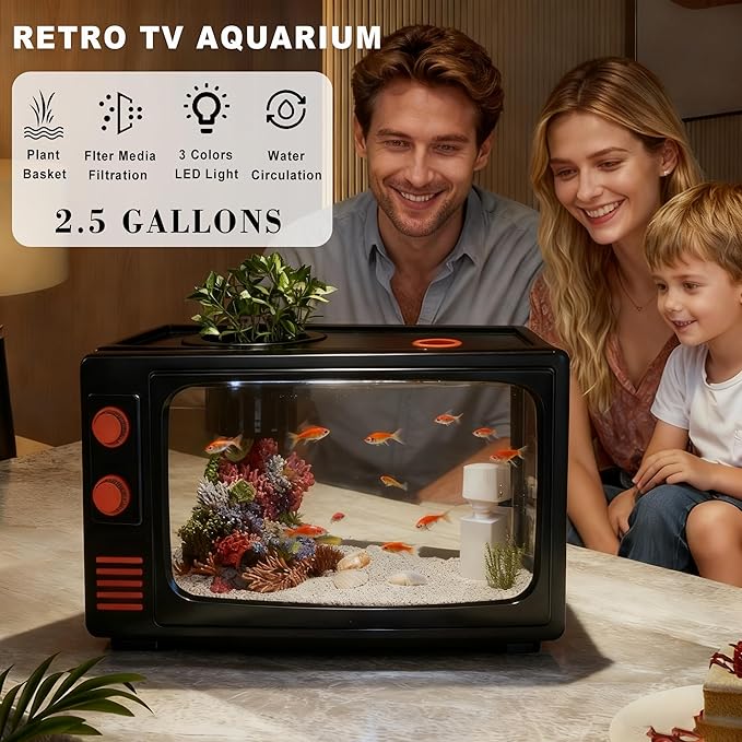 2.5 Gallon Fish Tank Kit with LED Lights, Filter & Plant Planter - Retro TV Decorative Fish Tank for Office Desk Home Decor,Mini Aquarium Starter Kit for Betta Fish (Black - 2.5 Gallon)