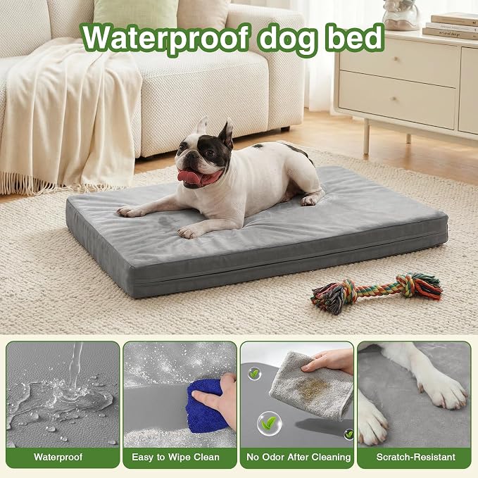 Waterproof Small Dog Bed Crate Pad 24", Washable Puppy Bed Orthopedic Gray | Outdoor Pet Bed Foam, Reversible Durable Faux Leather & Flannel, Removable Cover, Cat Mat, Anti-Slip Kennel Pad 23"x17"