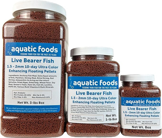 Aquatic Foods Inc. Live Bearer Ultra Red Color Enhancing 1.5mm-2mm Floating Pellets. Color Enhancing in 10-Days for Swordtails, Platies, All Live Bearers…1-lb 8oz Medium Jar