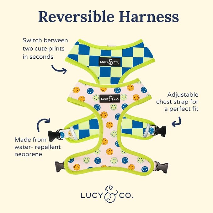 Lucy & Co. Reversible Dog Harness - Water-Repellent Neoprene, Dual-Print Design, Easy Swap Style, Adjustable Comfort Fit - Have a Nice Day Reversible Harness - X-Large