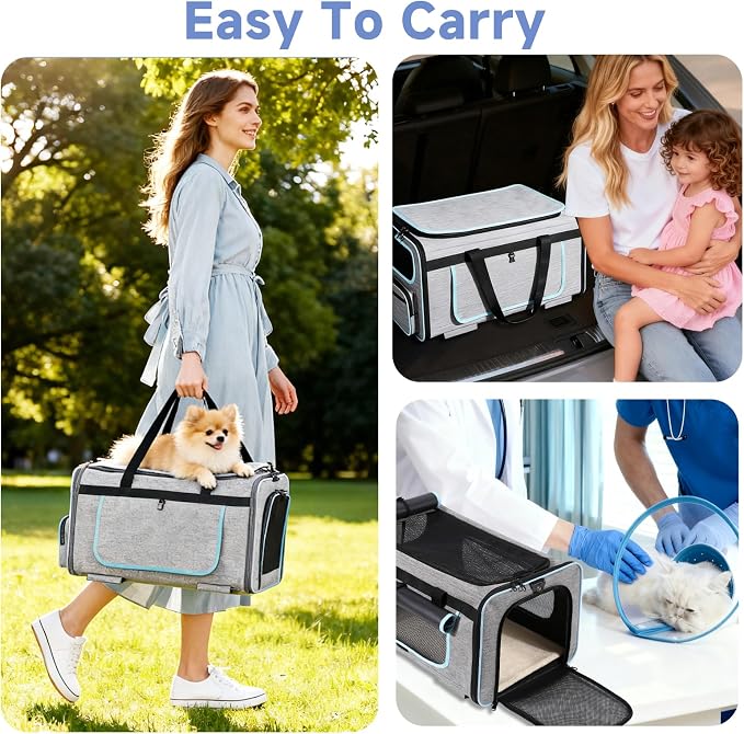 Large Pet Carrier with Detachable Wheels, 2 IN1 Foldable Soft-Sided Carriers- Designed for Dogs & Cats, Telescopic Handle, for Outdoor Car Indoor, Max. 44 LBS(Not for Airline)