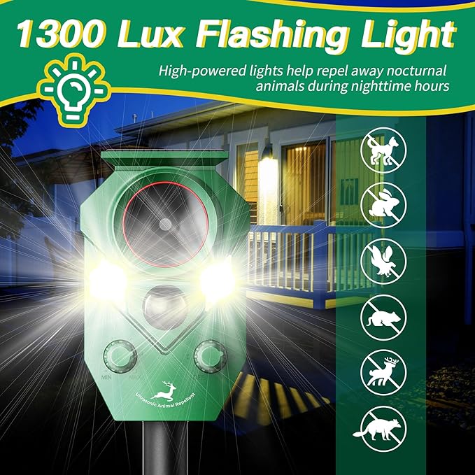 Solar-Powered Ultrasonic Animal Repellent with Motion Sensor, Perfect for Outdoor Yards, Deer Repellent Device with LED Flashing Lights, Effective to Repel Deer, Coyotes, Raccoons, and Cats