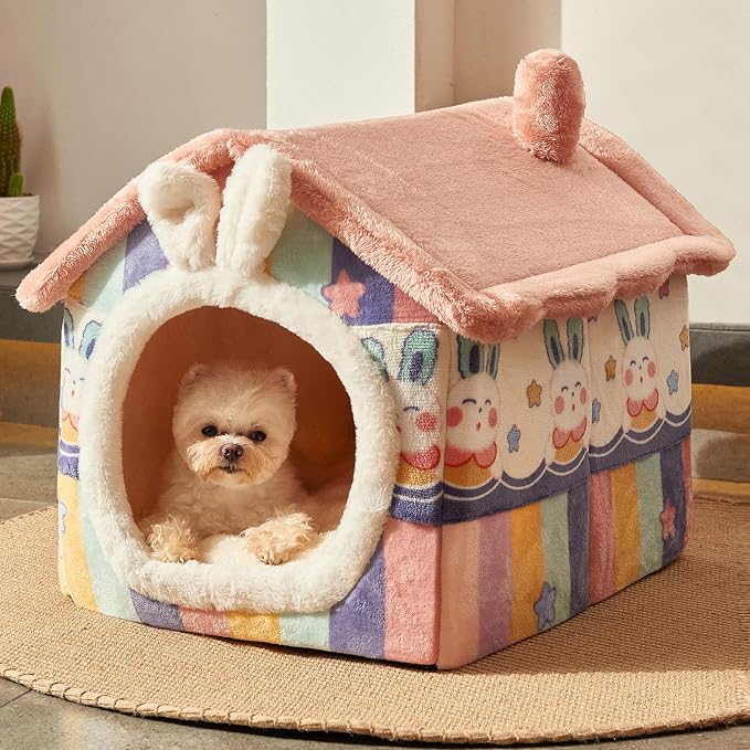 Cute Small Dog House Indoor,Foldable House Kennel Bed Mat with Cushion | L Size Tent for 11-16 lb Dogs and 18-22 lb Cats, Dog Cave Bed with Non-Slip Bottom,Rainbow,Soft Cozy Dog Cave Bed